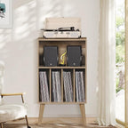 Lerliuo Record Player Stand, Oak Turntable Stand Holds up to 160 Albums, Mid-Century Vinyl Storage Cabinet Table with Solid Wood Legs, Record Player Holder Dispaly Shelf for Bedroom Living Room