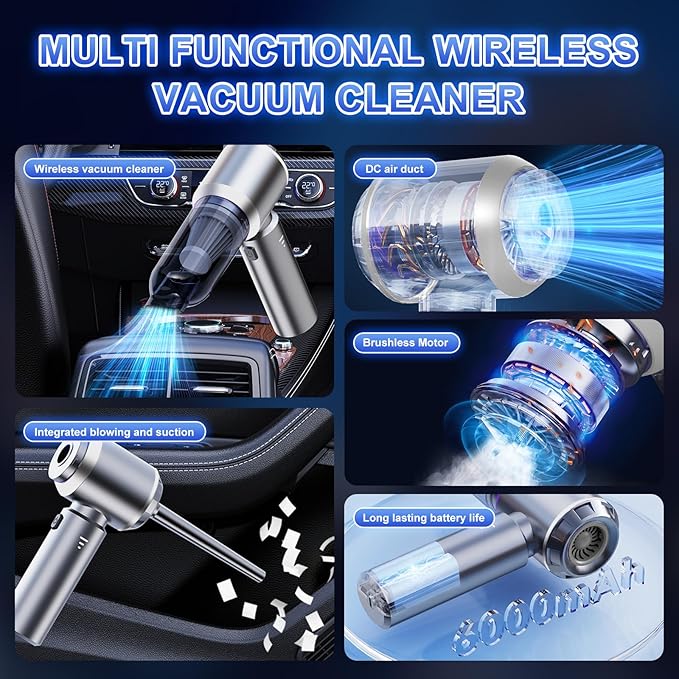 4-in-1 Cordless Handheld Vacuum, Portable Car Vacuum Detailing Kit, Compact Vac with Crevice Tool & Brushless Motor, Type-C Charge, 16000Pa Suction Power for Car, Office Desk, Keyboards, Home