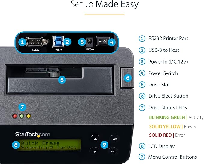 StarTech.com Single Bay SSD/HDD Hard Drive Eraser, 2.5/3.5" SATA, Hostless Standalone Secure Erase, Disk Sanitizer, Hardware Wiper Erasing Tool, 9 Modes, Printer Port, NIST/DOD, LCD, TAA (SDOCK1EU3P)