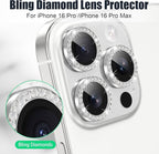 AGVEE 3+3 6 Pack for iPhone 16 Pro 6.3" / 16 Pro Max 6.9" Camera Lens Cover Protector, Bling Diamond & Bling Glitter Metal Ring 9H Tempered HD Glass Camera Cover Protector Film, Bling-Silver