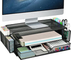 AUPSEN 2 Tier Computer Monitor Stands with Drawer and 2 Pencil Holder, Metal Monitor Stand Monitor riser, Computer Desk Organizer and Accessories for Laptop, Computer, Printer, Office Supplies(Black)