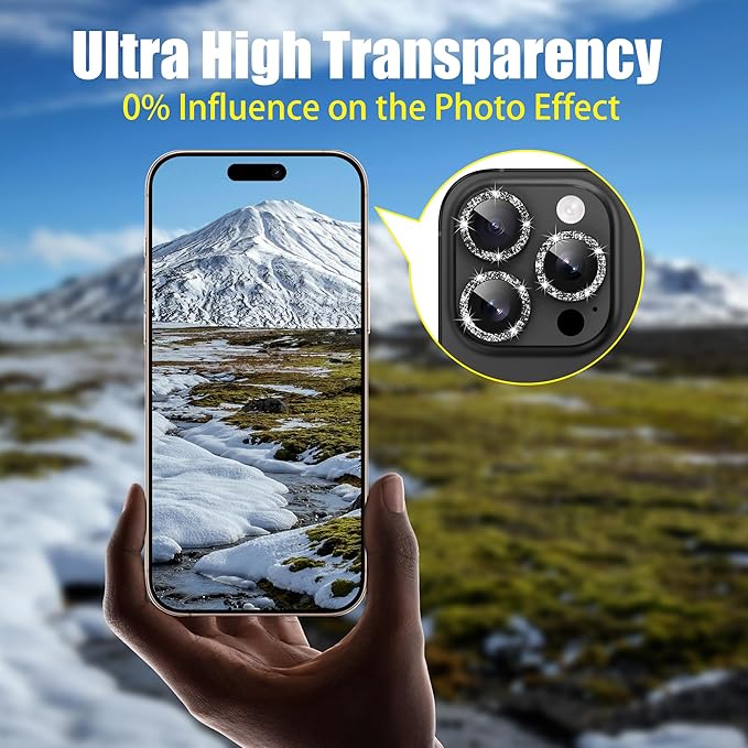 AGVEE 3+3 6 Pack for iPhone 16 Pro 6.3" / 16 Pro Max 6.9" Camera Lens Cover Protector, Bling Glitter & CD-Textured Metal Ring 9H Tempered HD Glass Camera Cover Protector Film, Glitter-Black