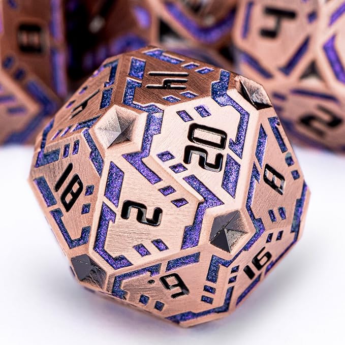 Metal DND Sci-fi Dice Set 7PCS Stripe Polyhedral Dice for Dungeons Dragons RPG Role Playing Game, Glitter D and D Dice with Gift Box D6 D8 D10 D12 D20 (Ancient Bronze&Purple)