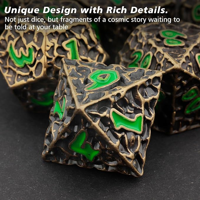 PJOY Metal Dice Set D&D for Dungeons and Dragons Green Metal Druid DND Dice with Case Meteorite Bronze 16mm 7PCS Role Playing Cool DND Gifts for Players DM Game Masters