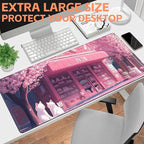 Mouse Pad Large Cake Shop and White Cats Non-Slip Gaming Desk Mat with Stitched Edge Laptop Keyboard Desk Pad for Work Home Gaming (35.4 x 15.7 Inches)