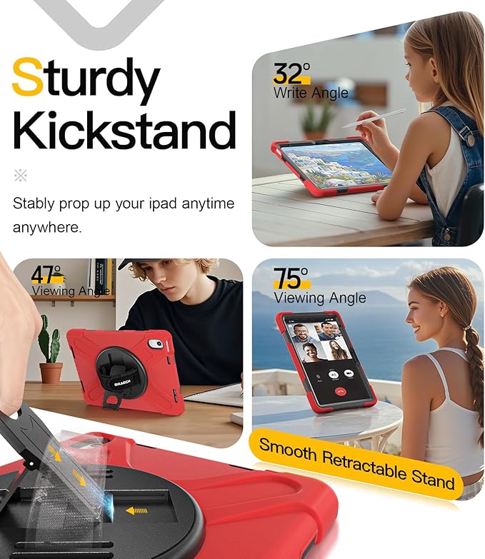 BRAECN for iPad (A16) 11th/10th Generation case 11/10.9 inch 2025/2022 Heavy Duty Shockproof Protective with Pencil Holder Screen Protector 360°Rotating Stand Handle & Shoulder Strap Full Body Cover