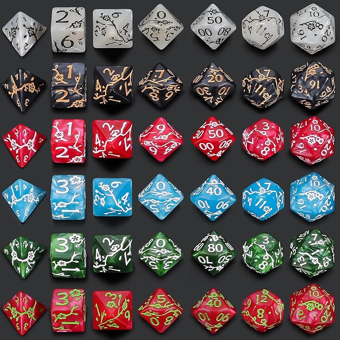 CiaraQ Polyhedral Dice Set (42pc) with 6 Drawstring Dice Pouches for Dungeons and Dragons RPG MTG Table Games. 6 Sets of Plum Blossom Pattern Role Playing Dice