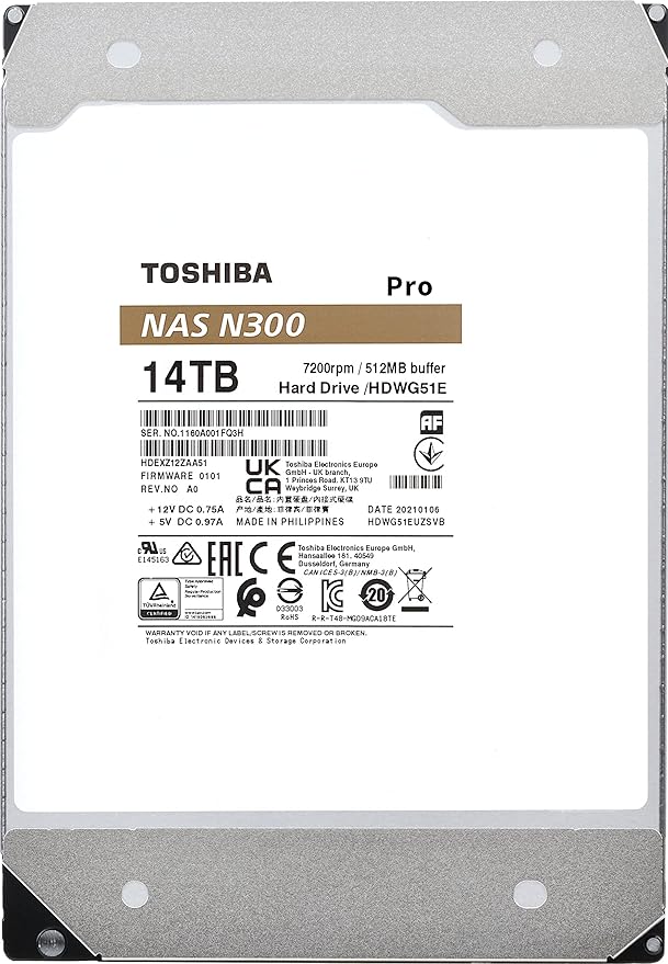 Toshiba N300 PRO 14TB Large-Sized Business NAS (up to 24 bays) 3.5-Inch Internal Hard Drive - Up to 300 TB/year Workload Rate CMR SATA 6 GB/s 7200 RPM 512 MB Cache - HDWG51EXZSTB