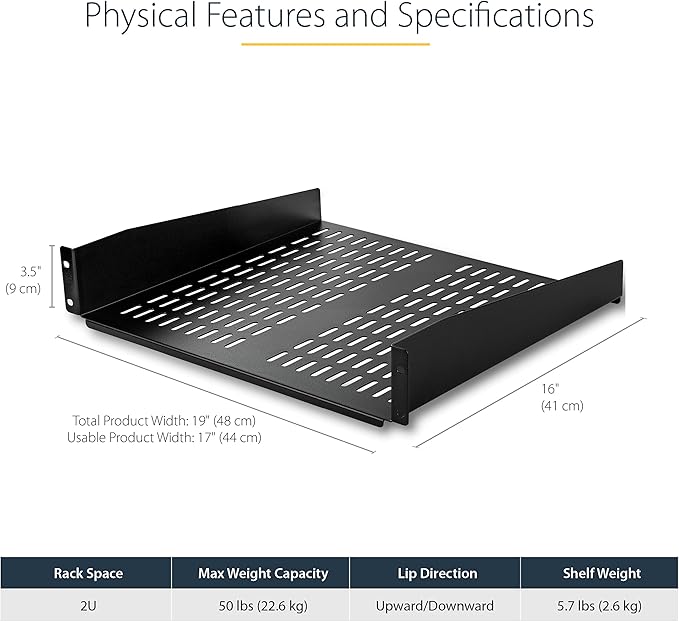 StarTech.com 2U Server Rack Shelf - Universal Vented Rack Mount Cantilever Tray for 19" Network Equipment Rack & Cabinet - Heavy Duty Steel - Weight Capacity 50lb/23kg - 16" Deep Shelf, TAA