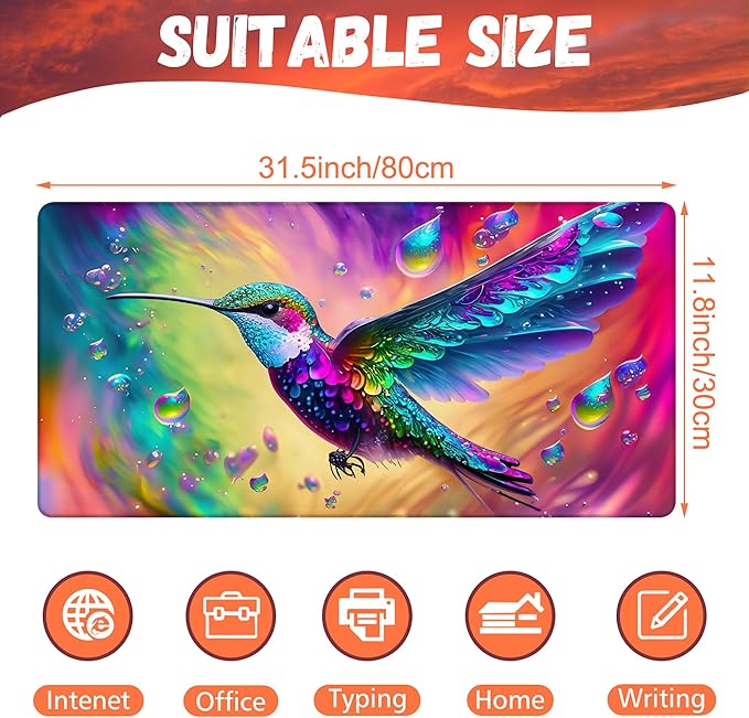 Large Gaming Mouse Pad for Desk, Colorful Hummingbird Desk Mat, Bright Hummingbird Desk Pad, 31.5"x15.7" Extended Big Computer Keyboard Mouse Pad with Non-Slip Base and Stitched Edge