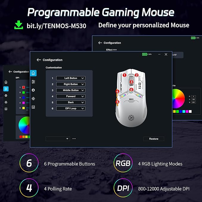 TENMOS M530 Wireless Gaming Mouse, 2.4G/Bluetooth/USB C Wired Rechargeable Mouse, 12000 DPI, RGB, 6 Programmable Buttons, Honeycomb Magnetic Cover, with Receiver Extender for Laptop/PC/Mac, White