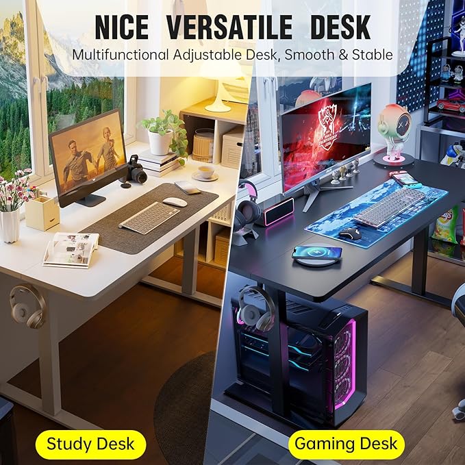 Veken 47.2 Inch Large Electric Standing Desk, Heights Adjustable, Sit to Stand Up, Work Home Office Computer Table for Study, Walking Pad, Writing, and Games, Wooden Desktop Desks, White