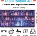 Cute Cozy Purple Gaming Desk Mat, Mystical Potion Bottles Mouse Pad XXL Large Extended Aesthetic Apothecary Shelf Desk Pad, Fun Computer Desktop Pad Mat Laptop Keyboard and Mouse Mat 31.5x15.7 in