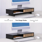 Monitor Stand Riser with Sliding Door, Computer Laptop Stand Desk Shelf Organizer with Storage (Black + Natural Bamboo, 25 Inch)