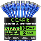 GearIT Cat 6 Ethernet Cable Pack - 10-Pack 2 ft Cat6 Ethernet Patch Cables | RJ45 Network Patch Cable, 10 Gbps Snagless Gold-Plated Connectors - Ethernet Cable Cat 6 for PC, TV, Router - Blue