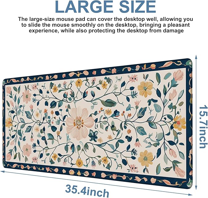 Gaming Desk Pad Large Extra Length Oriental Decorative Mouse Pad Keyboard Laptop Non-Slip Waterproof with Rubber Base Thick Stitched Edge Mouse Mat for Office Home 35.4 x 15.7 Inches