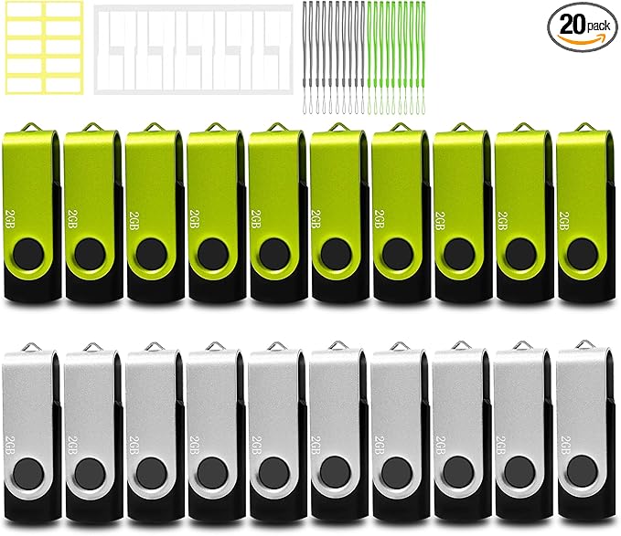 Thumb Drive 2GB USB Flash Drives 20 Pack 2 GB USB 2.0 Jump Drives Multipack Flash Memory Stick Zip Drive Pendrive 20Pack with 20PCS Lanyards Label (Green Sliver 2Gig)