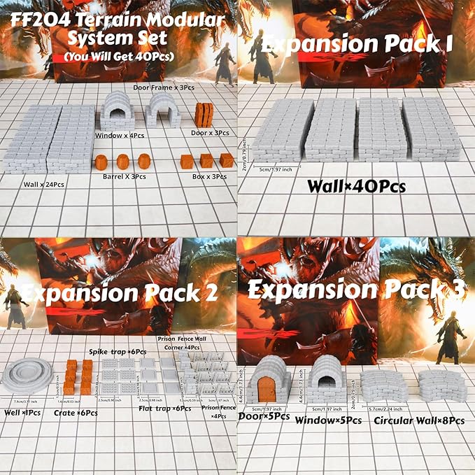 Dungeon Walls 40pcs 28mm Miniature RPG Terrain Modular System DND Building Accessories for Tabletop Role Playing Scenes, Gift of Christmas Halloween for DM (Expansion Pack 2)