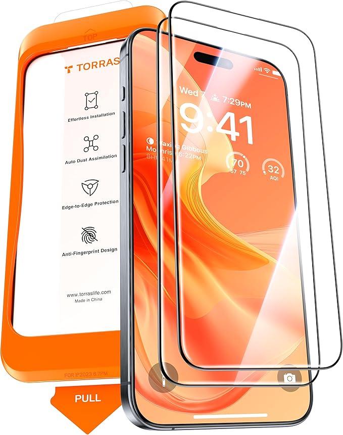 TORRAS 12 FT Military-Grade Shatterproof for iPhone 15 Pro Max Screen Protector [9H+ Aerospace Tempered Glass＆ One-Step Installation] Full Coverage Fit Bubble Free Top-Notch Protection, 2 Pack