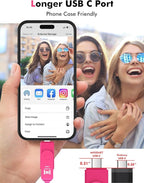 MOSDART 128GB USB3.1 Fast Speed C and A Dual Flash Drive, exFAT Memory Stick with Keychain and LED Indicator, for iPhone 15 and 16, Android Phone, iPad, MacBook, and Other Laptops, Hot Pink