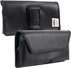 Turtleback Belt Holder for iPhone 16 Pro, 16e, 15 pro 14 Pro 13 Pro -Small- Fits w/Slim MagSafe Style Cases, Premium Black Leather Horiz. Belt Holster, Magnetic Closure, Leather Wrapped Belt Clip