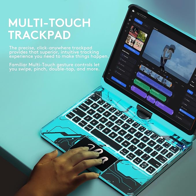 GUSGU Transparent Case with Wireless Keyboard only for 2024 iPad Pro 11-in.(M4), 7 Colors Backlight, Trackpad, 360°Rotating Stand for iPad Pro 11(5th Gen), Tech Style