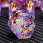 ARUOHHA DND Resin Dice Plum Blossom Liquid Core Golden Purple Sharp Edged Dragons Polyhedral Dice Set with Gift Box, Dungeons D and D Dice Set Role Playing Game D20 D12 D10 D8 D6 D4