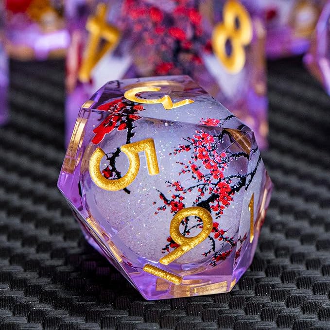 ARUOHHA DND Resin Dice Plum Blossom Liquid Core Golden Purple Sharp Edged Dragons Polyhedral Dice Set with Gift Box, Dungeons D and D Dice Set Role Playing Game D20 D12 D10 D8 D6 D4