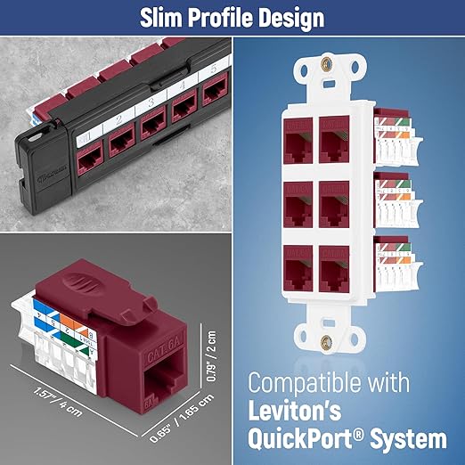 Everest 45° Angled RJ45 Cat6A Keystone Jacks 10-Pack in Red - Slim Profile Female RJ45 Connectors - Cat 6A Keystone Jack - Compatible with 45° Angled Speed Termination Tool - 45Term (B0BL3GS7ZY)