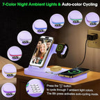 Dual Phone Wireless Charging Station for Apple Devices, Magnetic Charging Station for iPhone with Auto Switch 7-Color Light&Clock,Family Watch Charger for iPhone17 for iWatch10 for AirPods Pro3(Purple
