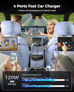 Retractable Car Charger, [2025 New] 4 in 1 Fast Car Phone Charger with Retractable Type C & L Cords, 120W USB Car Charging Adapter for iPhone 16 Pro Max 15 14 13 12, Samsung Galaxy, Pixel