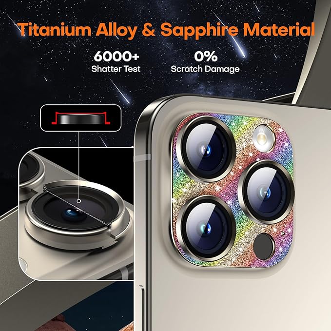 Camera Lens Protector for iPhone 16 Pro Max/16 Pro/iPhone 15 Pro Max/15 Pro/iPhone 14 Pro Max/14 Pro, Aluminum Alloy Sapphire Glass Camera Screen Cover, Case Friendly- Glitter Colorful