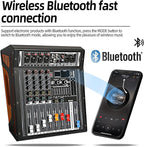 Audio Mixer 4 Channel, DJ Mixer with Power Amplifier, Audio Sound Card with 48V Phantom Power, Usb Audio Interface, Sounds Mixer Board with 99 DSP FX Reverb Delay Effect for Streaming