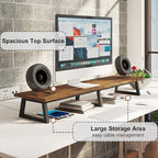 TEAMIX 42 inch Large [Dual] [Monitor] [Riser],Rustic Brown Extra Long TV [Stand Wood & Steel Desktop [Riser] with Storage for [Dual] Screen Office Desk Organization