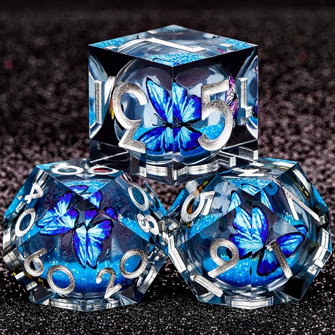 Butterfly DND Dice Blue-Black Liquid Core Dice Set with Metal Box, Handmade Sharp Edge D and D Polyhedral Dice for use with D&D Role Playing Game, D20 D12 D10 D8 D6