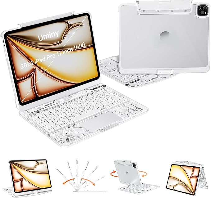 iPad Keyboard Case for 2024 M4 iPad Pro 11 inch, Magic Wireless Keyboard with Trackpad 7 Color Backlit, 360° Rotating Stand Transparent Protective Cover with Pencil Holder (White)
