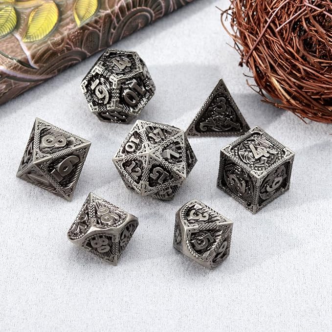 PJOY Metal DND Dice Set Antique Silver Dragon Scale D&D Polyhedral Dice with Dice Case for Dungeons and Dragons TTRPG Gifts