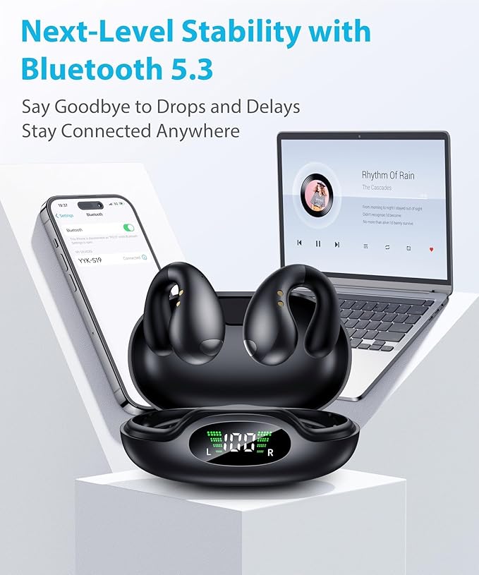 Ultra Open Ear Earbuds - Ergonomic Clip-On Earbuds, Small Bone Conduction Over-The-Ear Headphones with Waterproof Design, Perfect Running Headphones for Sports and Fitness, Black