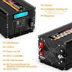5000 Watt Power Inverter 12V DC to 110V 120V Converter for Family RV Off Grid Solar System Car with Type-C Ports 3 AC Power Outlets Dual USB Ports LCD Display Wireless Remote Control