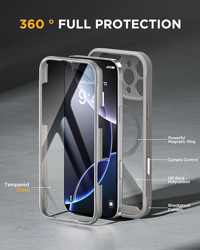 Miracase for iPhone 16 Pro Case Full-Body Phone with Built-in Glass Screen Protector, [Compatible with MagSafe] Military Drop Proof 16 Pro Cover Bumper 6.3 inch, Grey