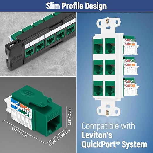 Everest 45° Angled RJ45 Cat6A Keystone Jacks 50-Pack in Green - Slim Profile Female RJ45 Connectors - Cat 6A Keystone Jack - Compatible with 45° Angled Speed Termination Tool - 45Term (B0BL3GS7ZY)