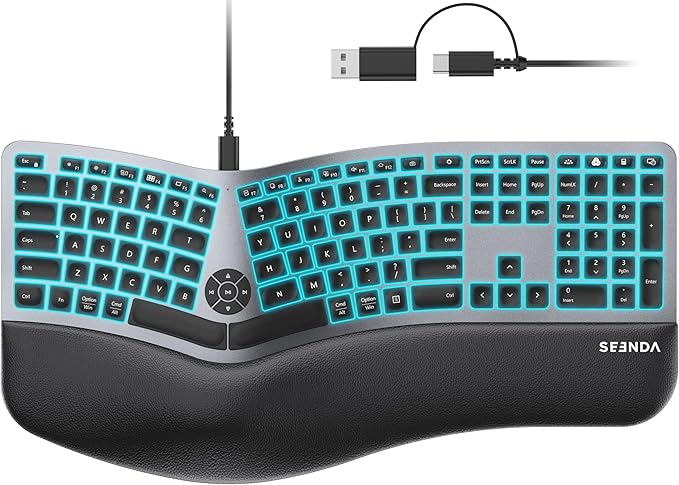 seenda 7-Color Backlit Wired Ergonomic Keyboard, KUW01 USB & Type-C Wired Split Keyboard, Cushioned Wrist Rest, Full Size with NumPad, Compatible for Windows, macOS, PC, Laptop, MacBook - Black Gray