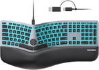 seenda 7-Color Backlit Wired Ergonomic Keyboard, KUW01 USB & Type-C Wired Split Keyboard, Cushioned Wrist Rest, Full Size with NumPad, Compatible for Windows, macOS, PC, Laptop, MacBook - Black Gray