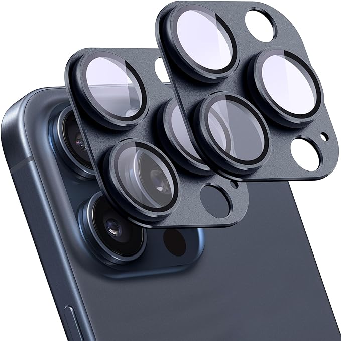2 Pack Camera Lens Protector for iPhone 15 Pro/iPhone 15 Pro Max,[Not Easy to Breakn ] AR Tempered Glass Strong Adsorption Metal Camera Cover Screen-Inky blue