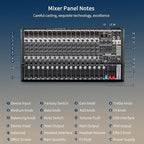 Audio Mixer, TKLBLS Professional 16 Channel DJ Mixer Board with 99-Bit DSP, Sound Board Mixing Console 7-Band EQ Output, USB Audio Interface, Bluetooth 48V Phantom Power For Karaoke Studio Streaming