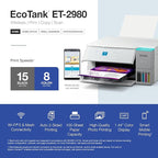 Epson EcoTank ET-2980 Wireless All-in-One Color Supertank Printer with up to 3 Years of Ink, Refillable Tanks, Perfect for Home, 15 PPM, 1.44" Color Screen, Auto 2-Sided Printing - White