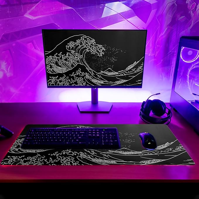 Japanese Gaming Mouse Pad Abstract Black Mouse Pad 31.5x11.8 Inch Black Sea Wave Texture Non-Slip Rubber Base Large Ocean Mousepad Stitched Edges Keyboard Mouse Mat Desk Pad for Office and Home