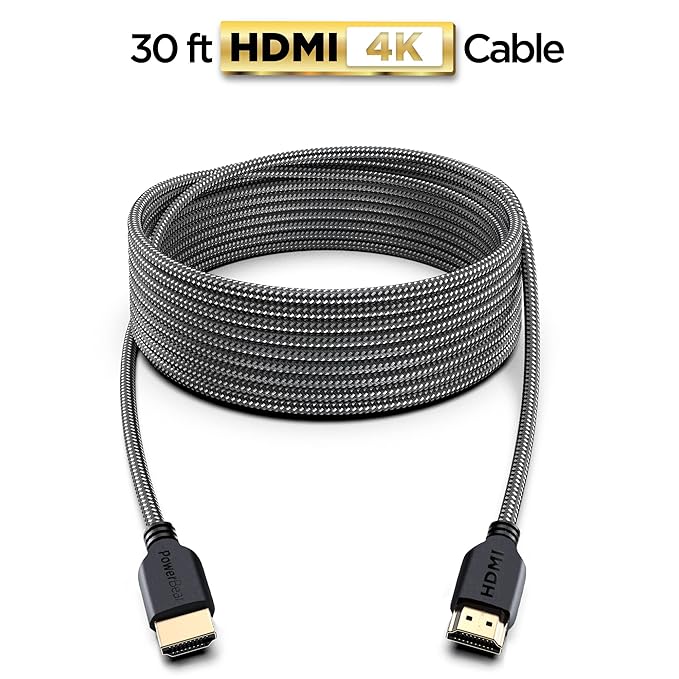 PowerBear 4K HDMI Cable 30 ft | High Speed Hdmi Cables, Braided Nylon & Gold Connectors, 4K @ 60Hz, Ultra HD, 2K, 1080P, ARC & CL3 Rated | for Laptop, Monitor, PS5, PS4, Xbox One, Fire TV, & More