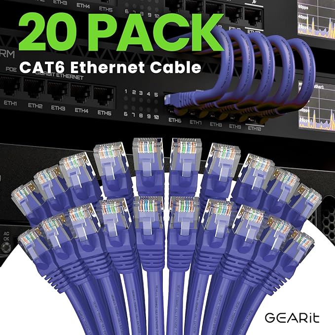 GearIT Cat 6 Ethernet Cable (20-Pack 1 Foot) Cat6 Network Patch, 10Gbps, RJ45, Snagless Cord, Gold-Plated Connectors, Internet for PC, TV, Tablet, Router, Printer, Servers, IT Data Center - Purple
