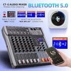 Professional Audio Mixer Sound Board 6 Channel Audio Desk System Interface Digital DJ Console with Bluetooth USB Sound Audio Mixing Console for Karaoke Studio Party Recording Broadcast (CT-6)